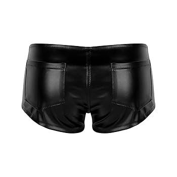 ★ GLOWNY★ ALLURE LACE BOYSHORTS BLACK GY25LWPT007BK Agoky Women's Wet Look PVC Leather Zipper Front Low Waisted