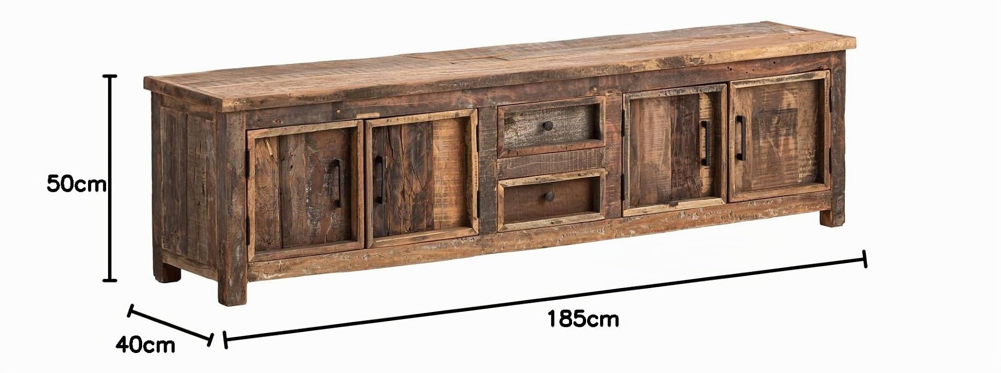 Woodkings TV-Bank Sumatra | Altholz Lowboard 185x50x40 cm | Fernsehbank für Wohnzimmer | Bank rustikal mit 4 Türen & 2 Schubladen
