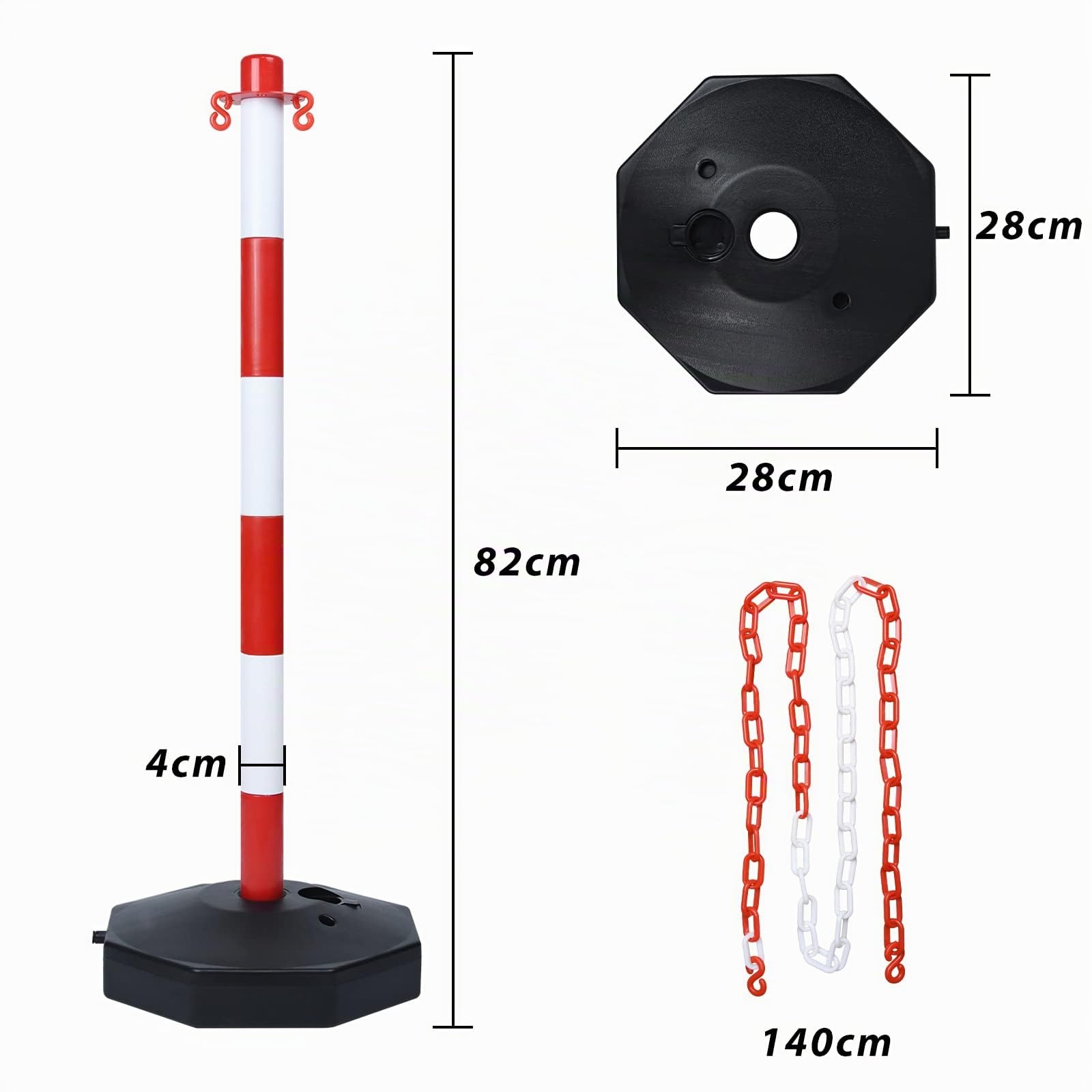 LZQ Juego de 4 postes de cierre con 4 cadenas de plástico para control de tráfico y advertencia, color rojo y blanco, 82 x 28 x 28 cm