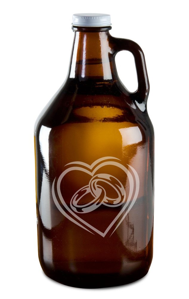Lovers Rings Intertwined Inside Heart Hand-Made Etched Glass Beer Growler 64 oz