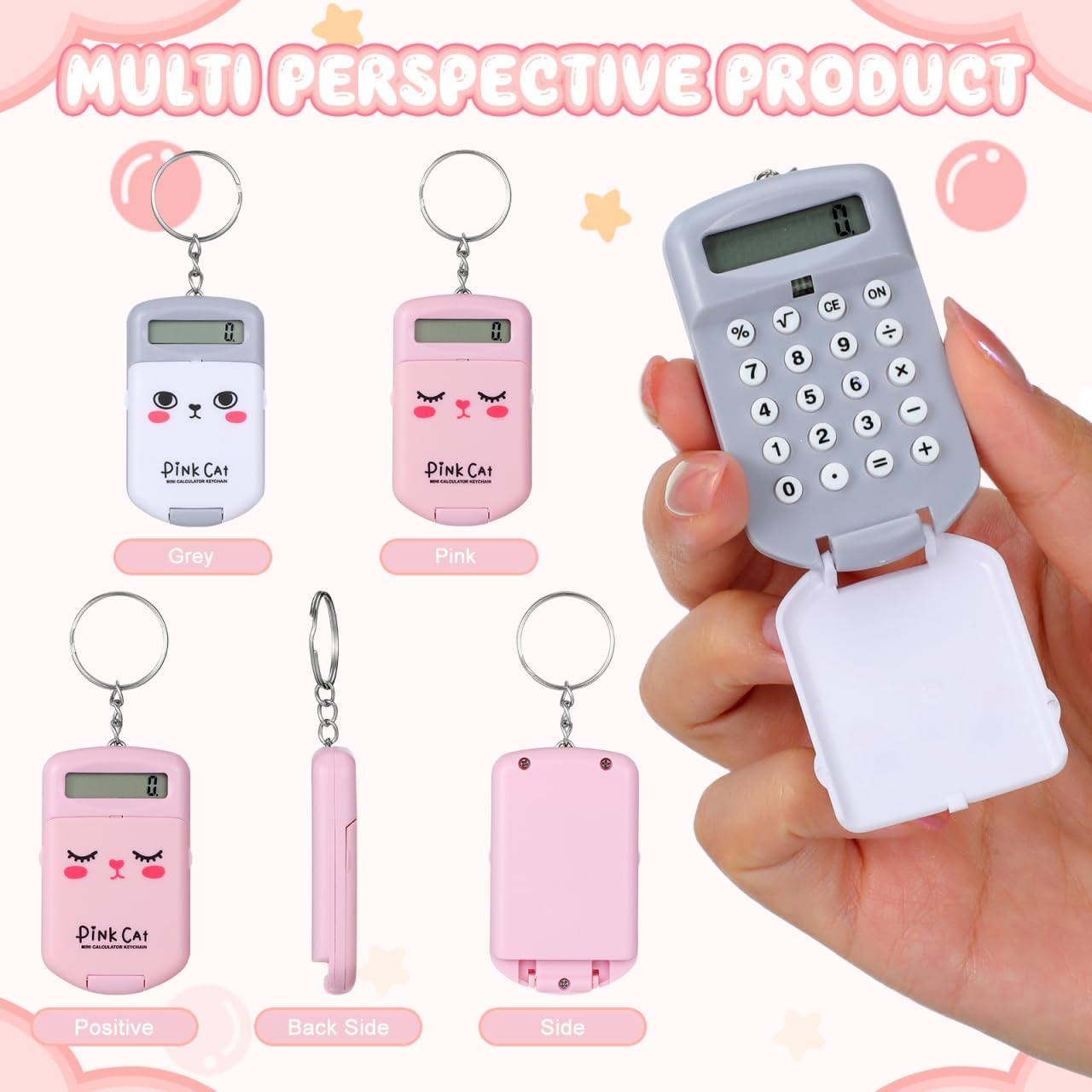 NUOBESTY 2Pcs Mini Calculator Keychain, Pocket Size 8-Digit Flip Cover with Key Ring Cute Small Calculator Students Backpacks Pencil Cases Supplies for School Office Home (Pink & Gray)