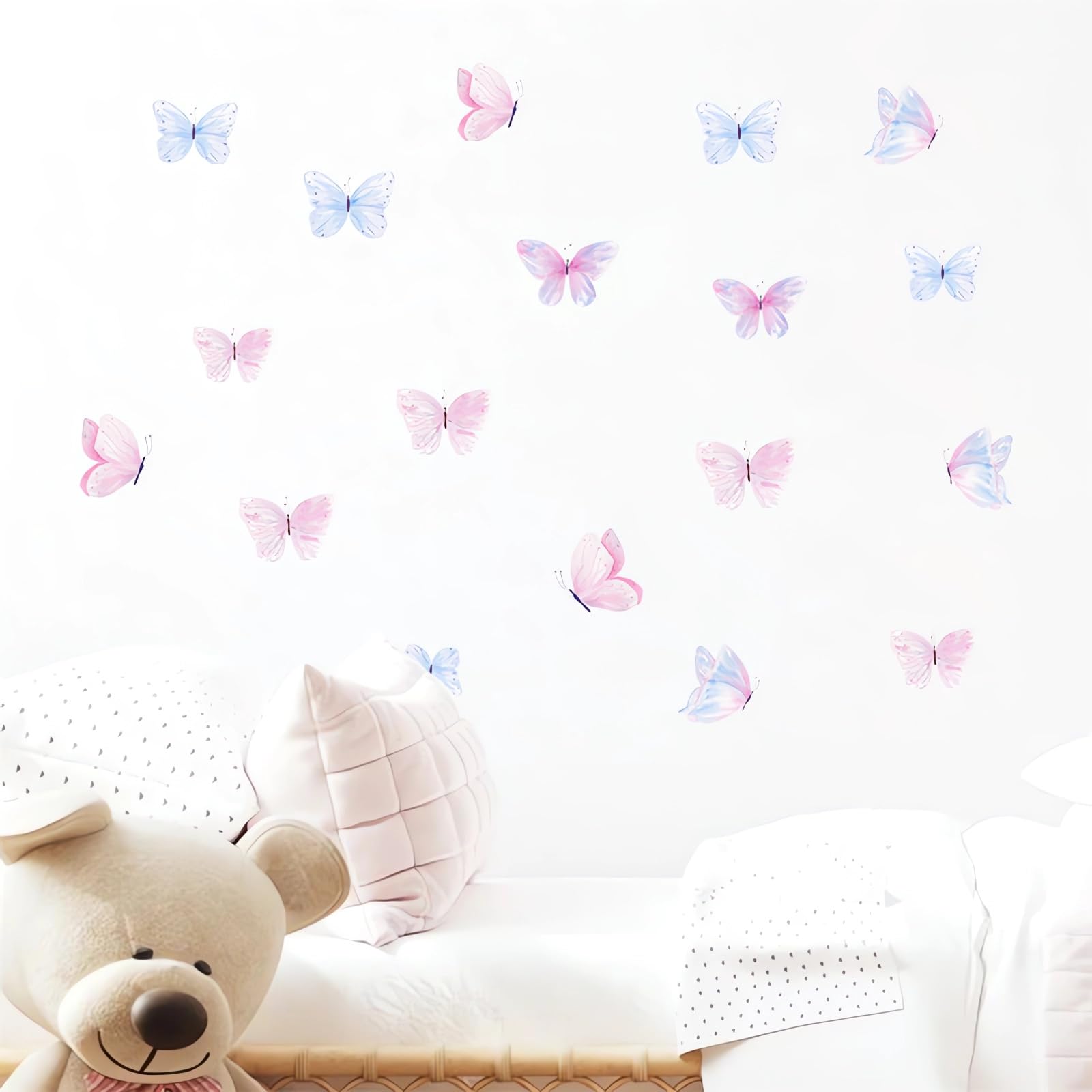 6 hojas de 36 calcomanías de pared de mariposa azul claro y rosa claro, calcomanías de pared de arte en acuarela, vinilo extraíble para niños, guardería, dormitorio, sala de juegos,
