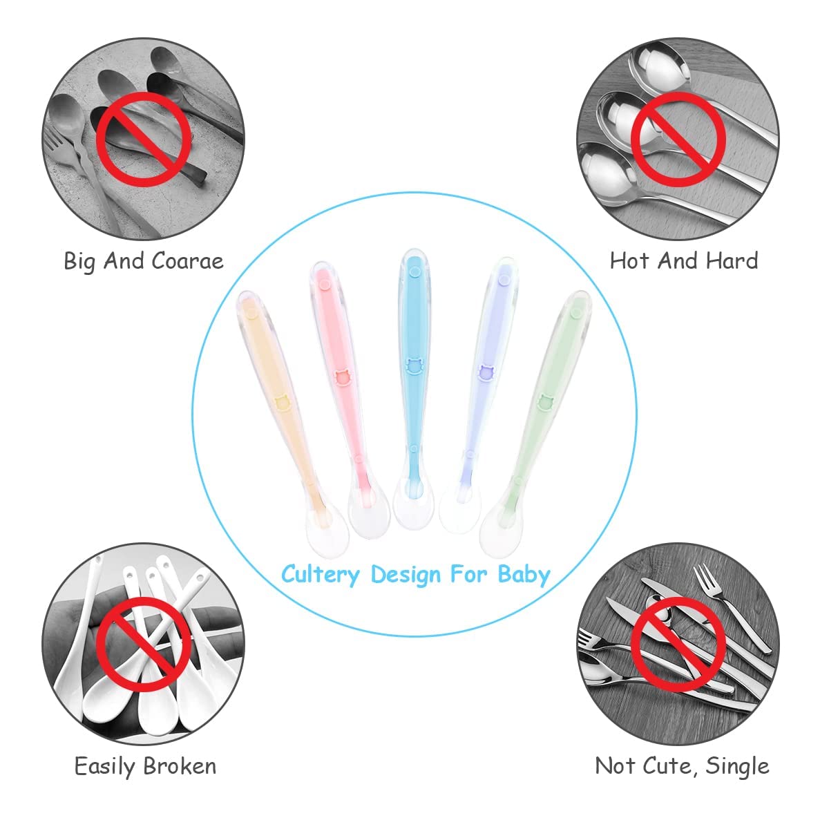 Vicloon Cuillere Bebe Silicone, 5PCS Ensemble de Cuillères pour Tout-petits, Cuillère Ronde en Silicone pour Encourager Votre Bébé à Manger de Manière Indépendante, Sans BPA