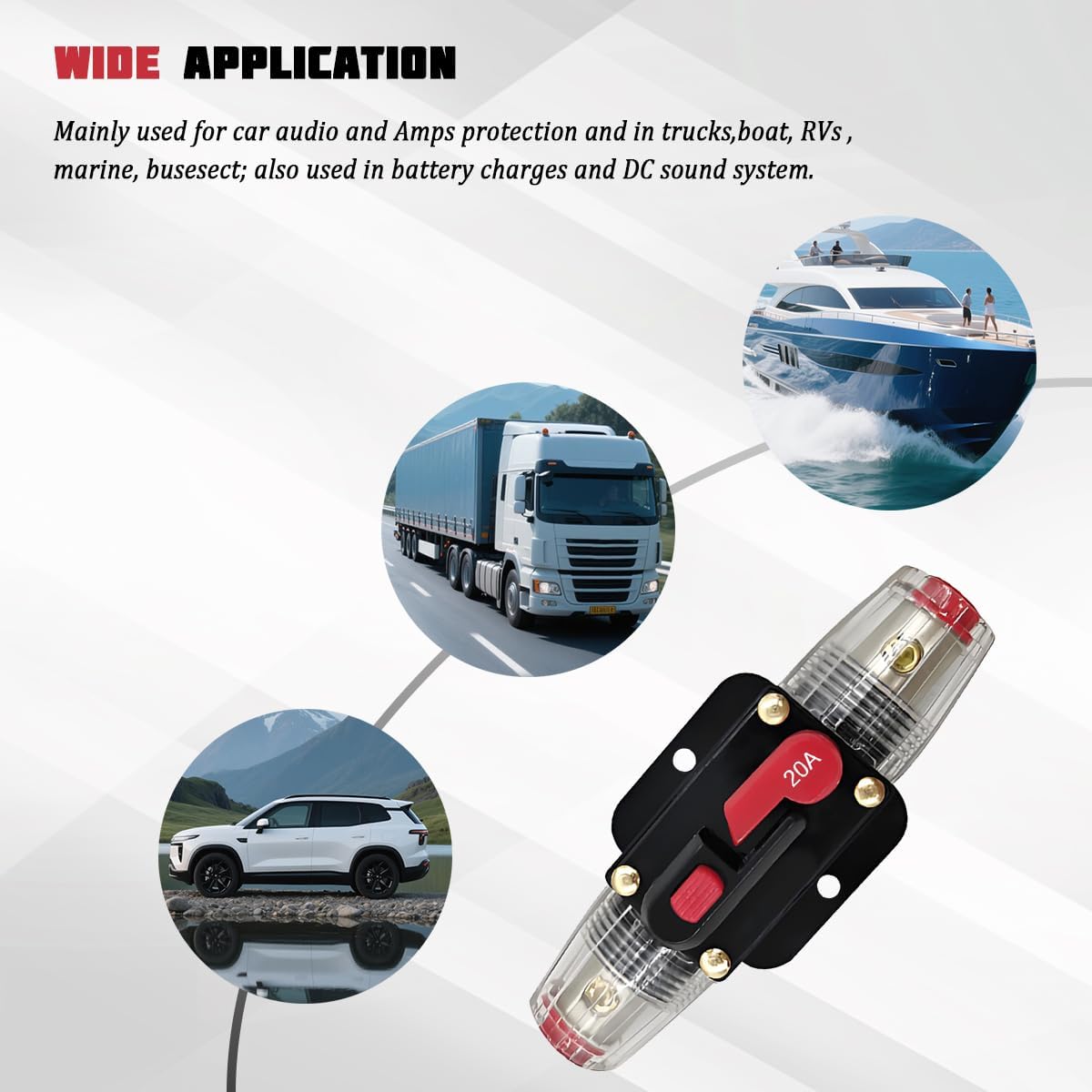 20 Amp Car Circuit Breaker, 12-24V Waterproof Vehicle Manual Reset Inline Fuse Inverter, Automotive Sound Amplifier System Overload Protection, Universal for SUV RV Truck