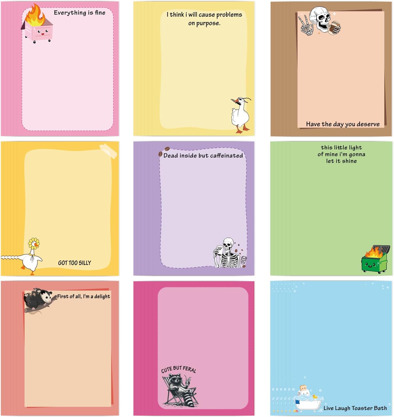 Funny Sticky Notes Gifts - 9 Pack Colorful Fun Notepads for Work 3x4 Inch, Silly Self-Adhesive Memo Pads Work Gag Gifts for Coworkers School Office Supplies (450 Sheets)