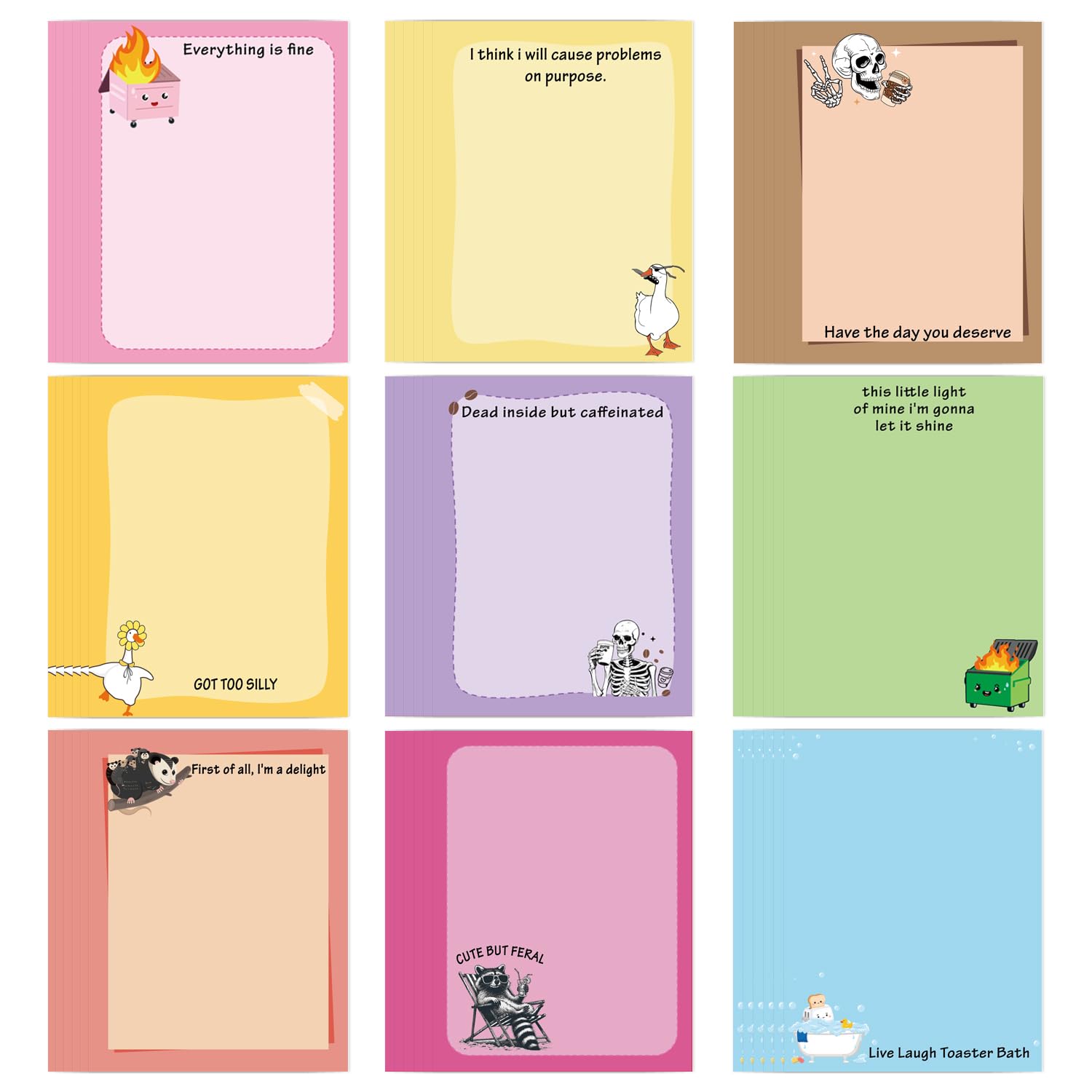 Funny Sticky Notes Gifts - 9 Pack Colorful Fun Notepads for Work 3x4 Inch, Silly Self-Adhesive Memo Pads Work Gag Gifts for Coworkers School Office Supplies (450 Sheets)