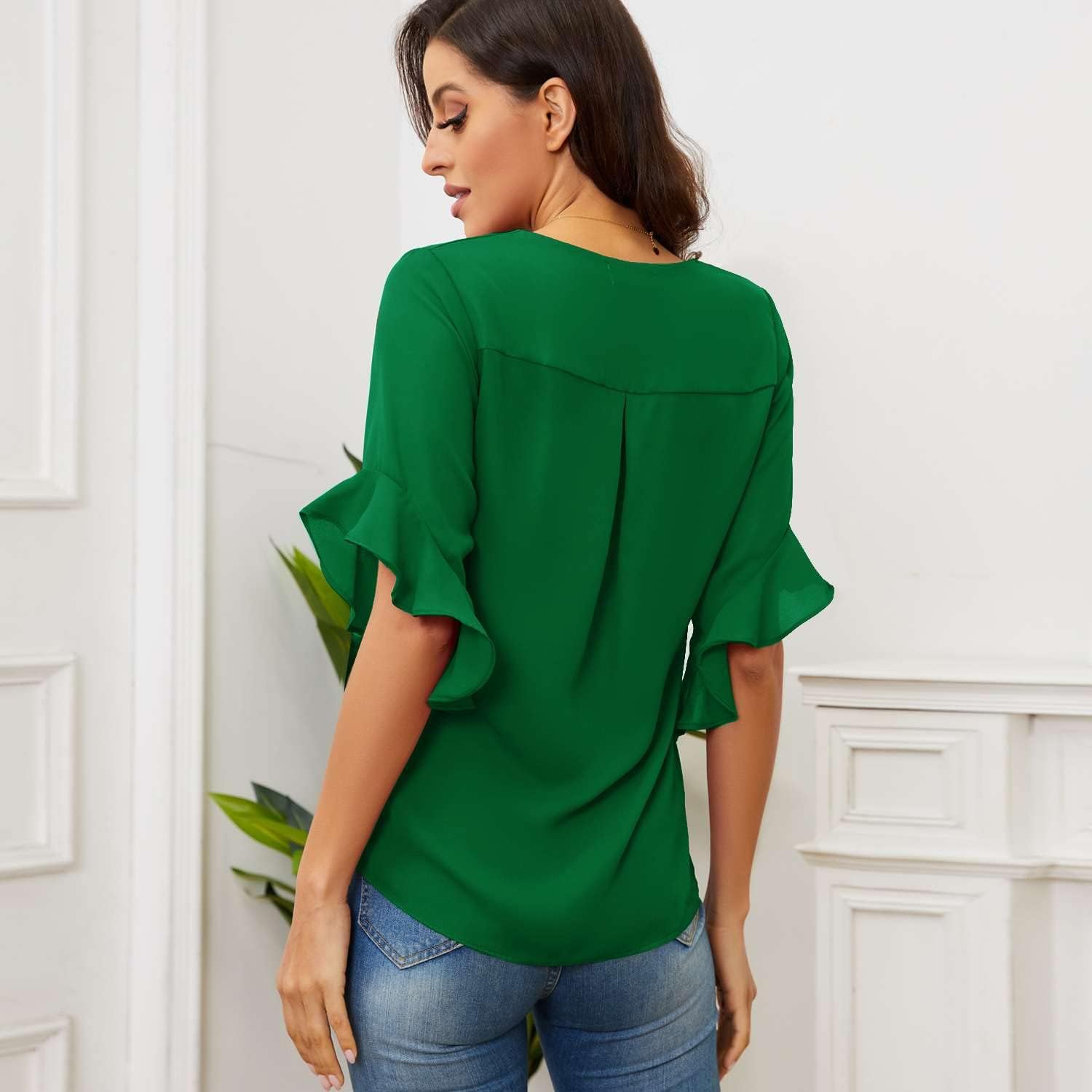 MAKARTHY Women's 3/4 Sleeve Work Blouses Ruffle Dressy Top V Neck Casual Chiffon Tunic Blouses Flowy Business Shirts