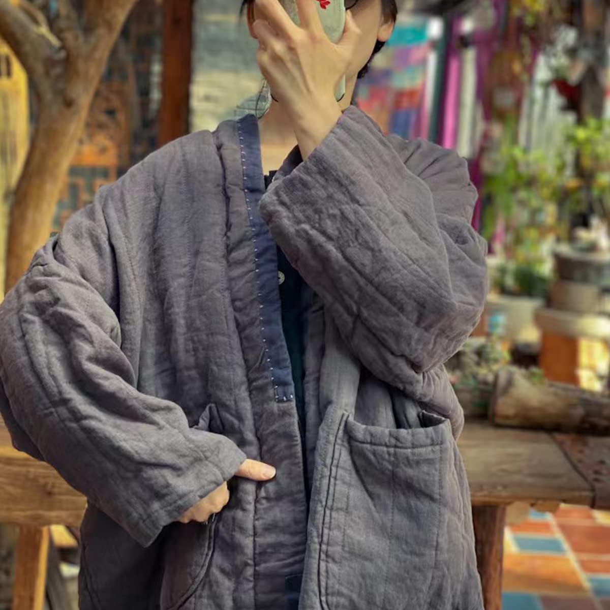 NFYM Women's Quilted Knee Length Coat Open Front Kimono Style Jacket Handmade Threading Outwear for Winter - Image 5