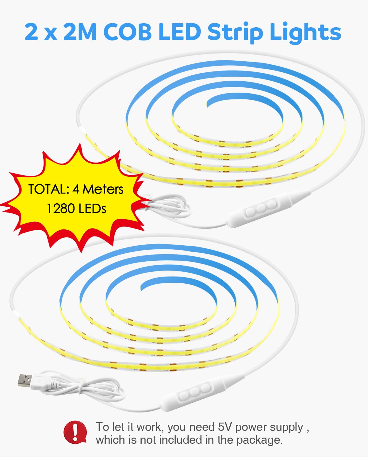 Aclorol COB LED Strip Light 5V USB 6.56FT/2M 640LEDs Dimmable LED TV Backlights Warm White 3000K with 8mm Width Cuttable for Display Cabinet Living Room Entertainment DIY Lighting Decoration (2 Pack) - Image 2