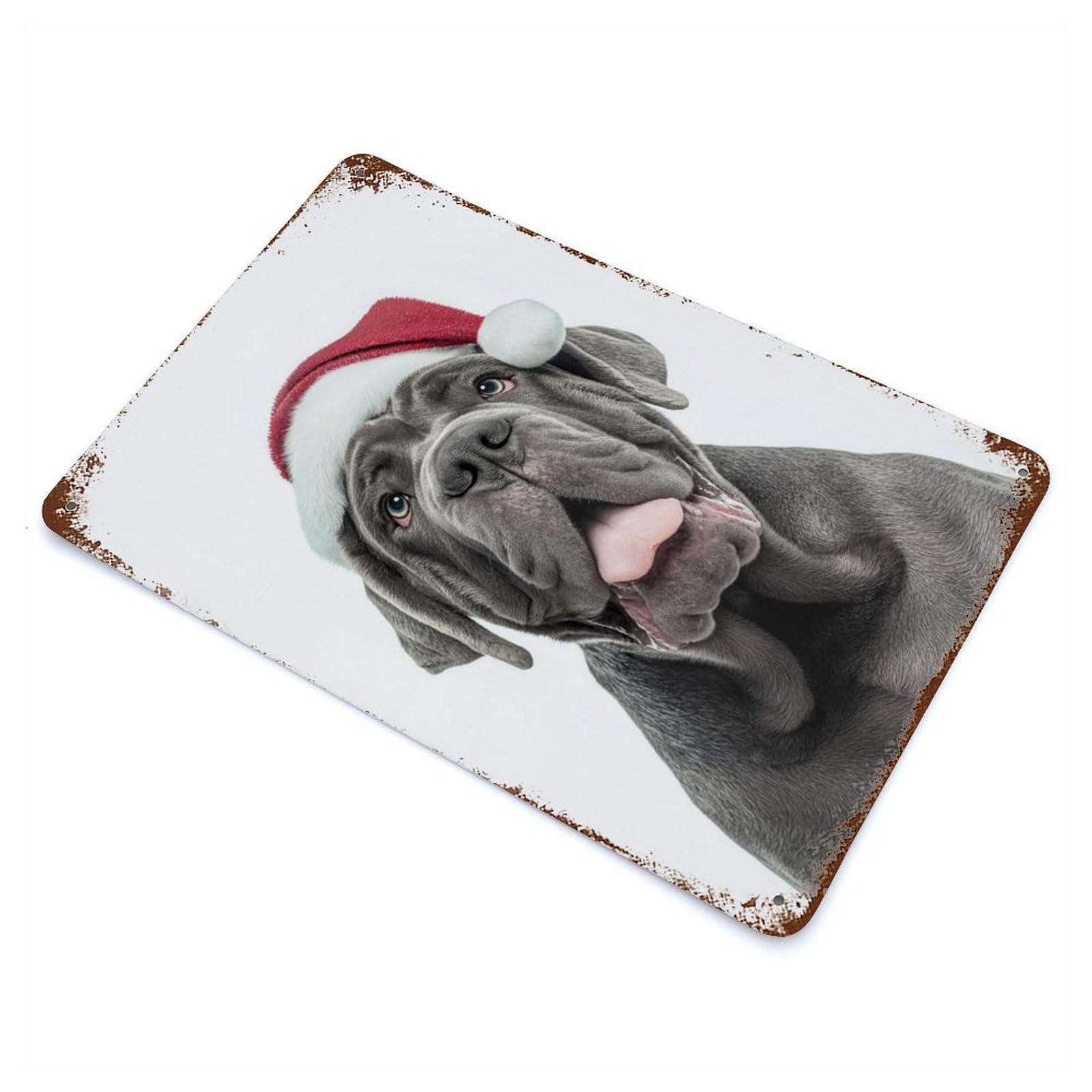 Neapolitan Mastiff Dog with Santa Hat Portrait Vintage Wall Sign 11.8"x7.9", Rust Effect Metal Decor for Living Room, Hallway And Home Decor