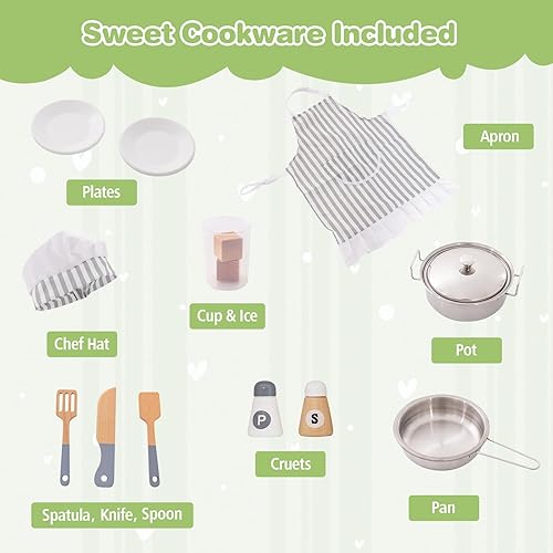 Miniatura 4 de HONEY JOY Juego de cocina esquinera para niños, cocina de madera definitiva para niños pequeños, lavadora, máquina de hielo, fregadero, microondas,