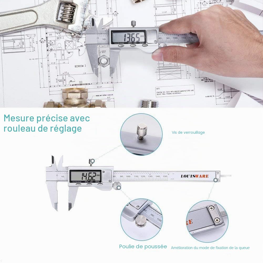 Pied à coulisse électronique numérique Rosimo en acier inoxydable 150 mm Outils de mesure avec écran LCD extra-large Conversion pouces/métrique