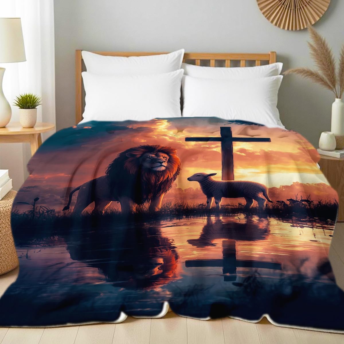 Lion and Lamb Throw Blanket Soft Flannel Christian Blanket for Bed Chair Couch Christian Decor Gifts for Women Men Adults 49"x59"