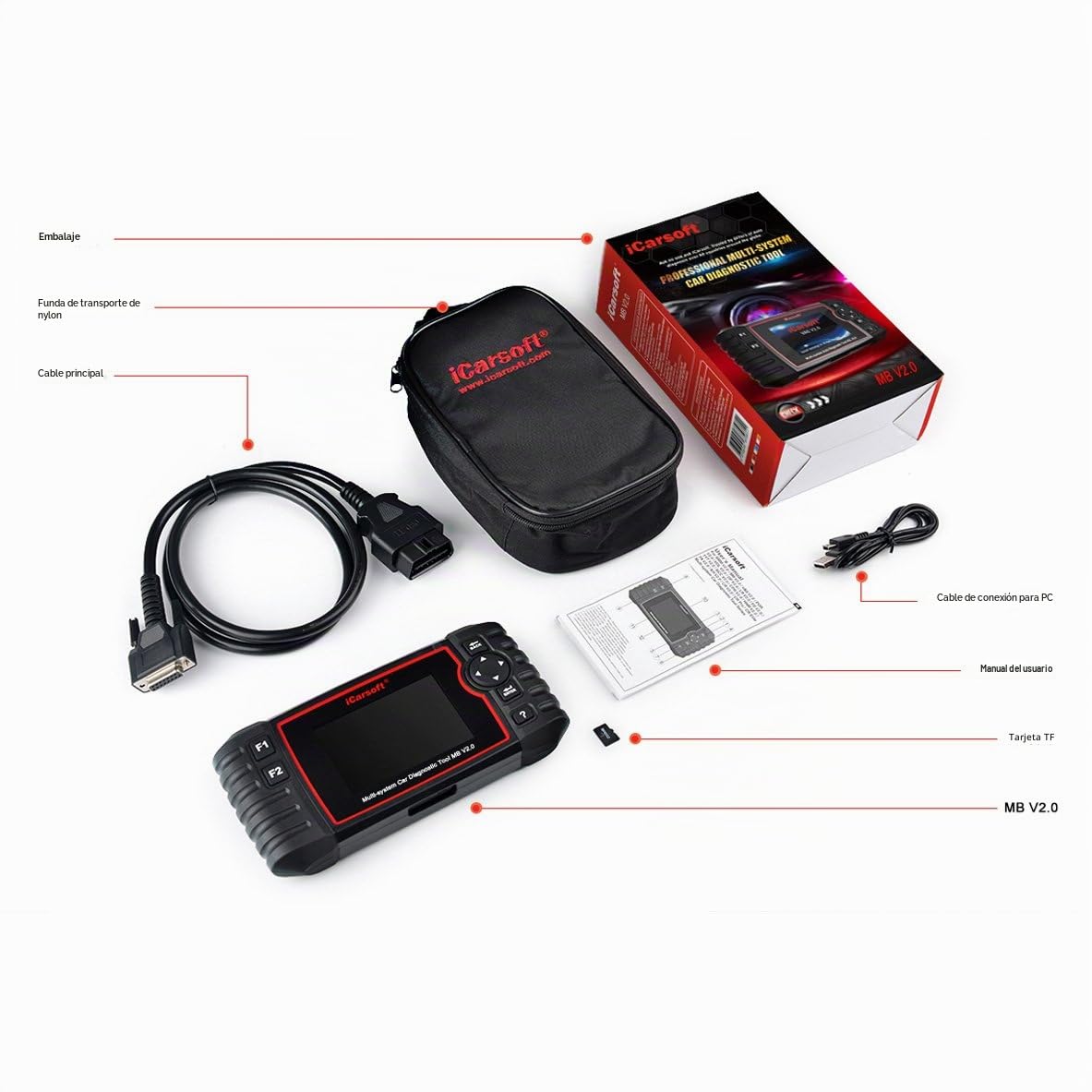 Herramienta profesional multisistema de diagnóstico de automóviles iCarsoft MB V2.0 compatible con Mercedes-Benz/Sprinter/Smart, aceite ABS SRS BLD INJ