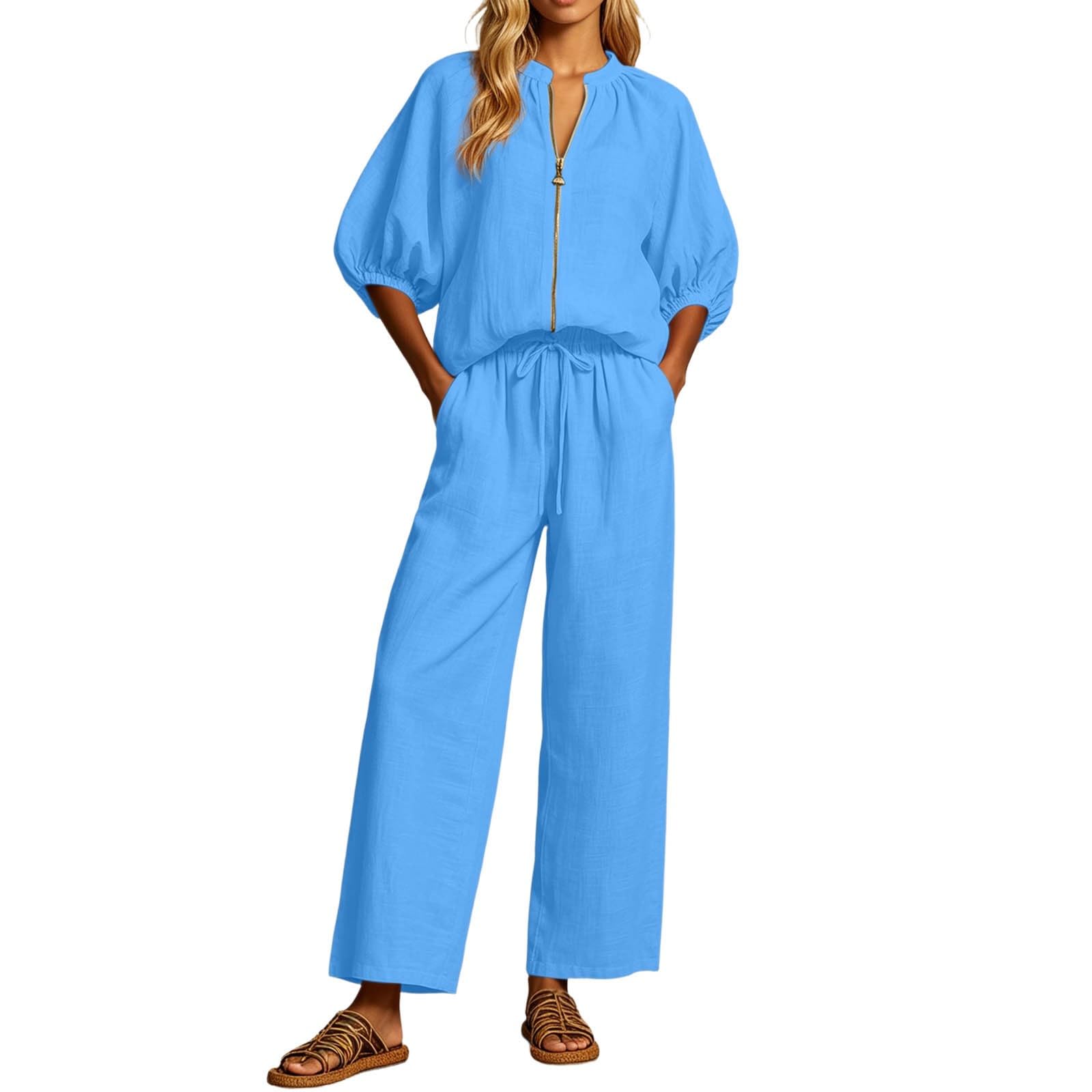 Ensemble femme haut zippé pantalon fluide décontracté ample - 5