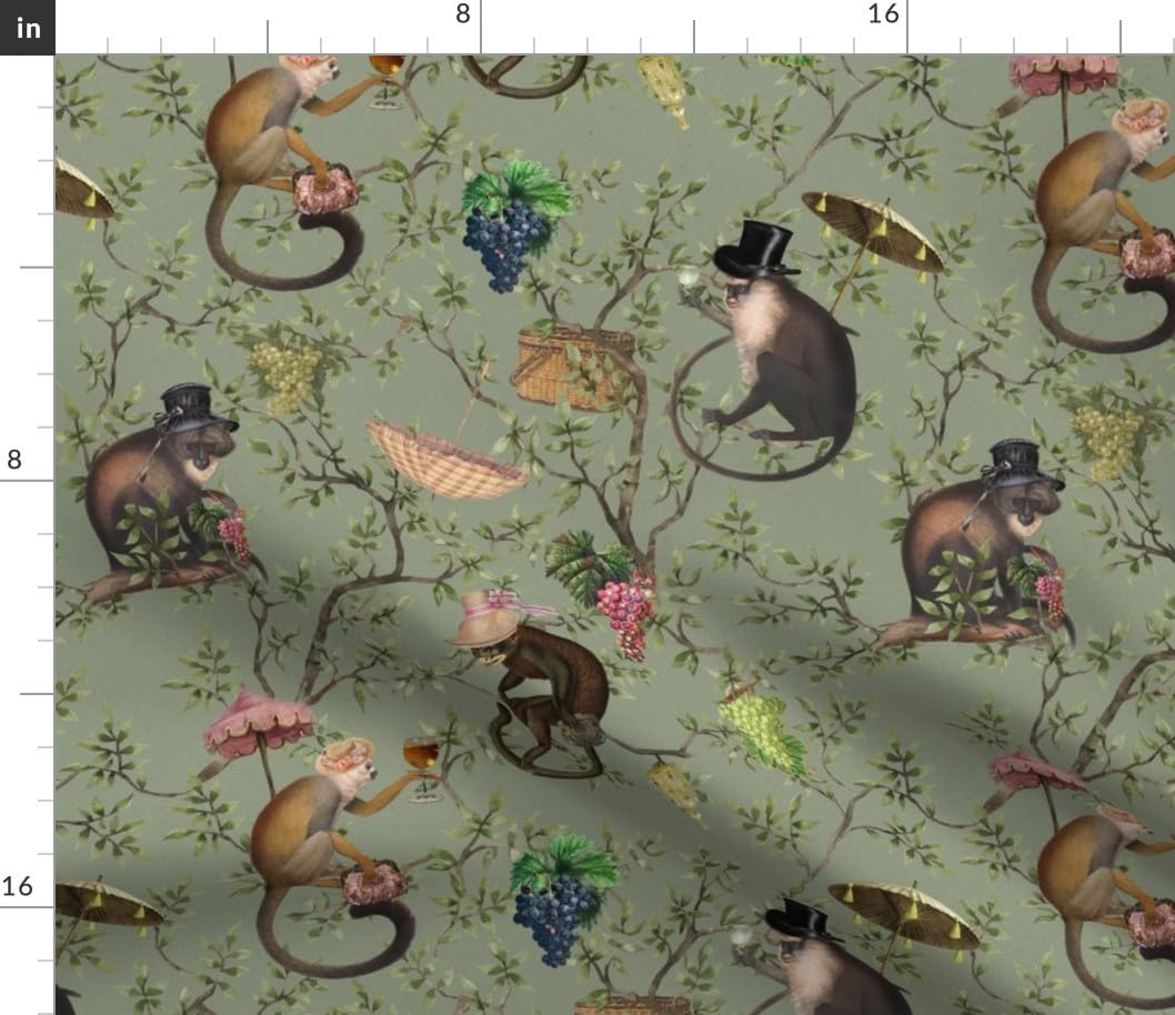 Spoonflower Fabric - Monkey Chinoiserie Whimsical Animals Victorian Rococo Antique Printed on Petal Cotton Fabric Fat Quarter - Sewing Quilting Apparel Crafts Decor