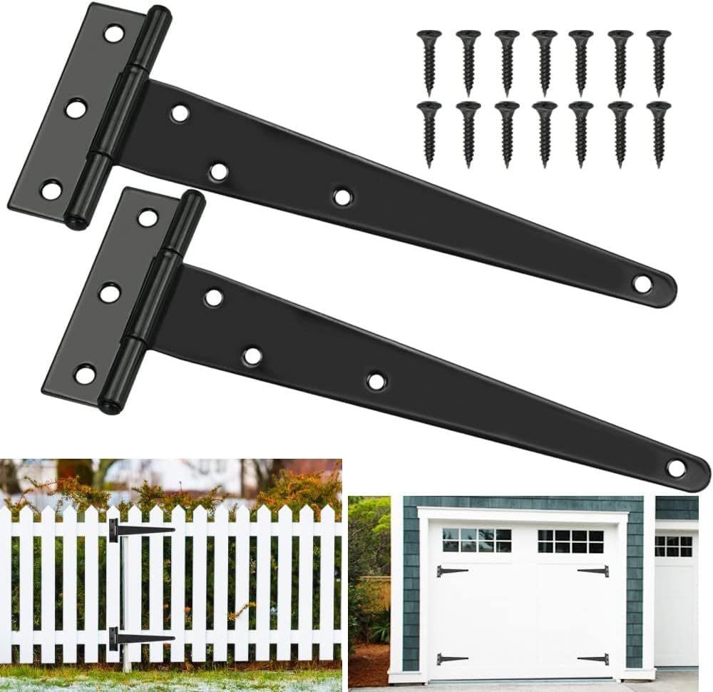Azonee T Hinges, 2 Pcs 300mm Black Metal T Hinges, Shed Hinges, Heavy Duty Rustproof Garden Gate Hinges Fitting, with 14 Screws, Ideal for Gate Doors, Shed Doors and Barn Doors, 12 Inch