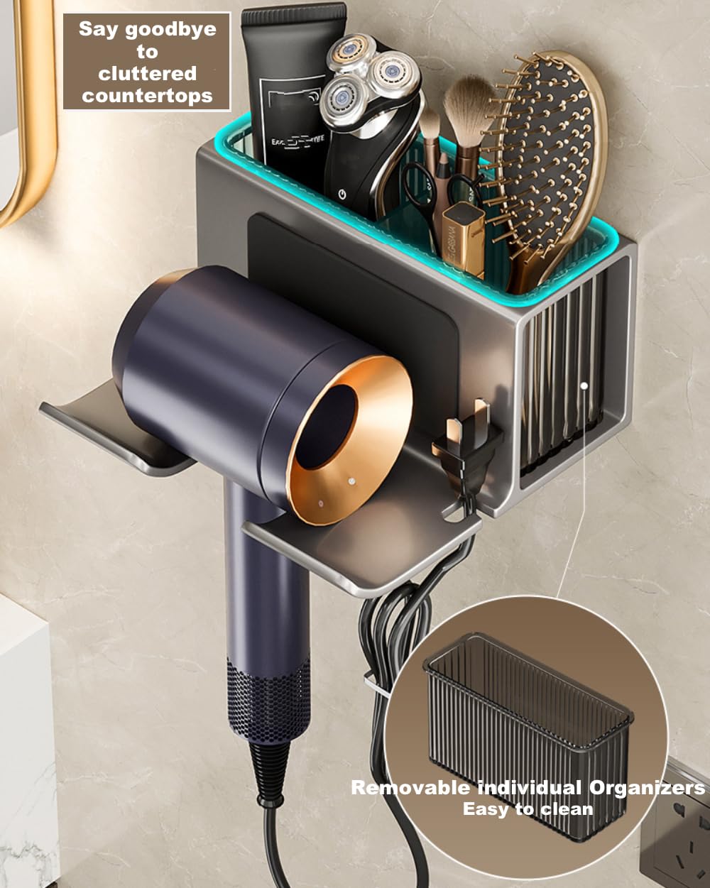 Soporte para secador de pelo montado en la pared, con caja organizadora extraíble individualmente, soporte de aluminio para secador de pelo para baño, organizadores de salón y almacenamiento