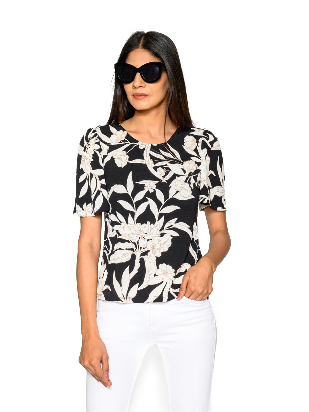 AMADOREWomen Printed Round Neck Viscose Rayon Black T-Shirt