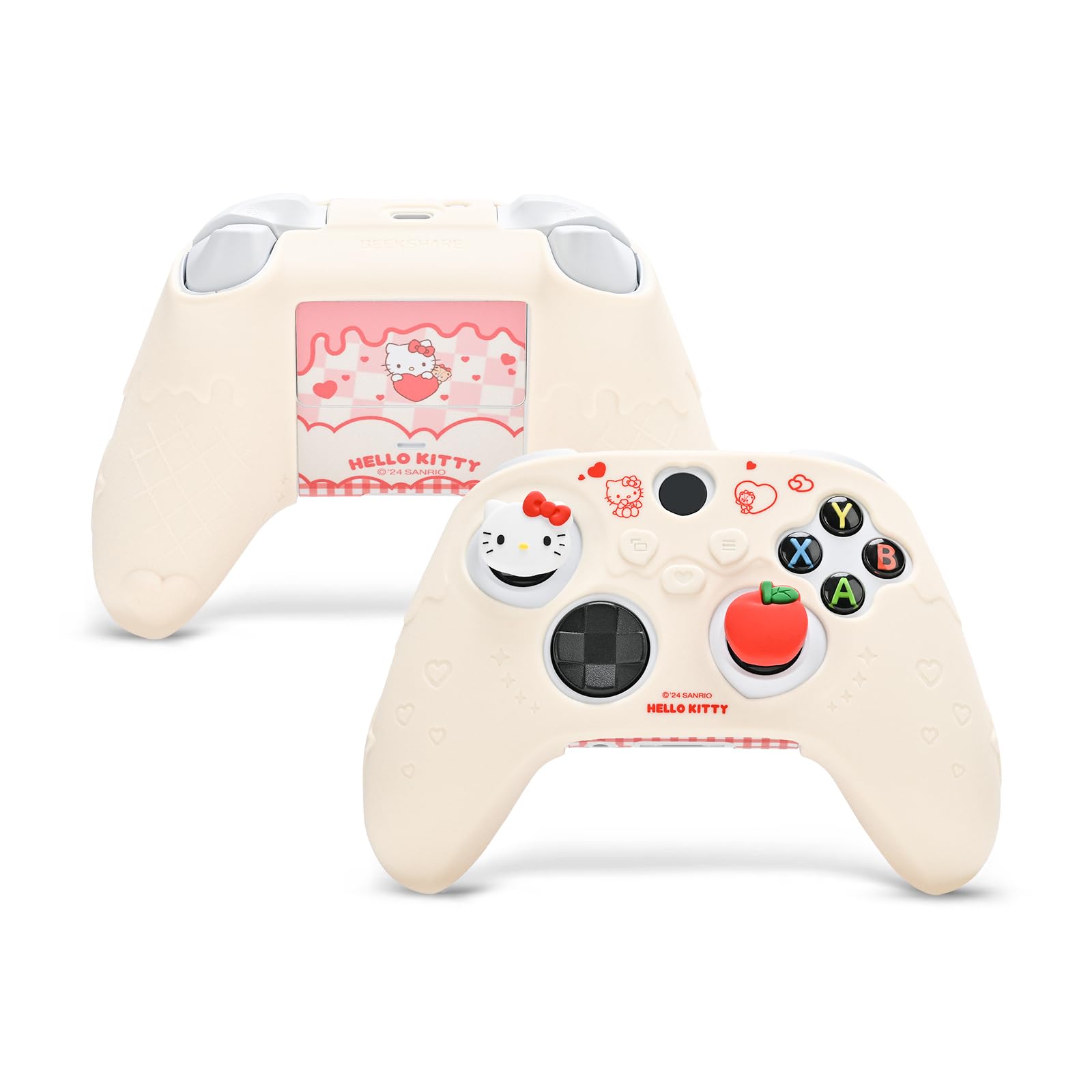 Kuitmor Funda protectora antideslizante de silicona suave compatible con mando de Xbox con 2 tapas de agarre para el pulgar y 1 adhesivo (beige Hello Kitty)