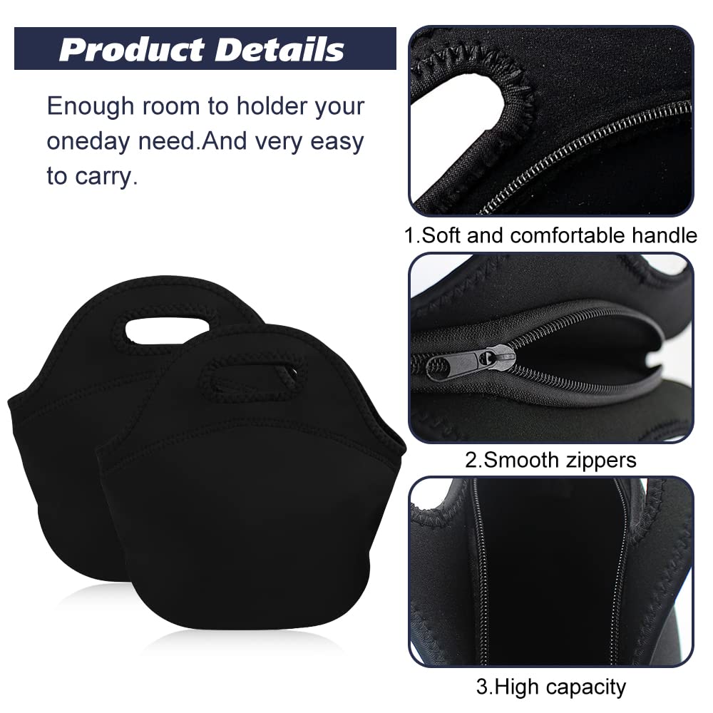 Chihutown 2 Pcs Black Neoprene Lunch Bag, Lunch Bags for Girl Boy Teens Insulated Lunch bag, Thermal - Image 3