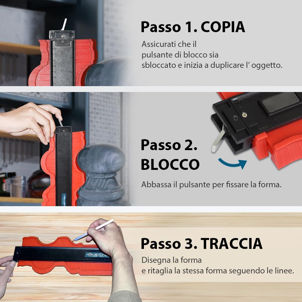 FIRSTINFO F3946EW | Misuratore di profilo | Contour Duplicator Gauge con Serratura | serratura in metallo | per piastrelle, laminato e lavorazione del legno