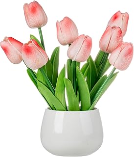 MyGift Realistic Artificial Pink Tulips in White Ceramic Vase – Faux Tul...