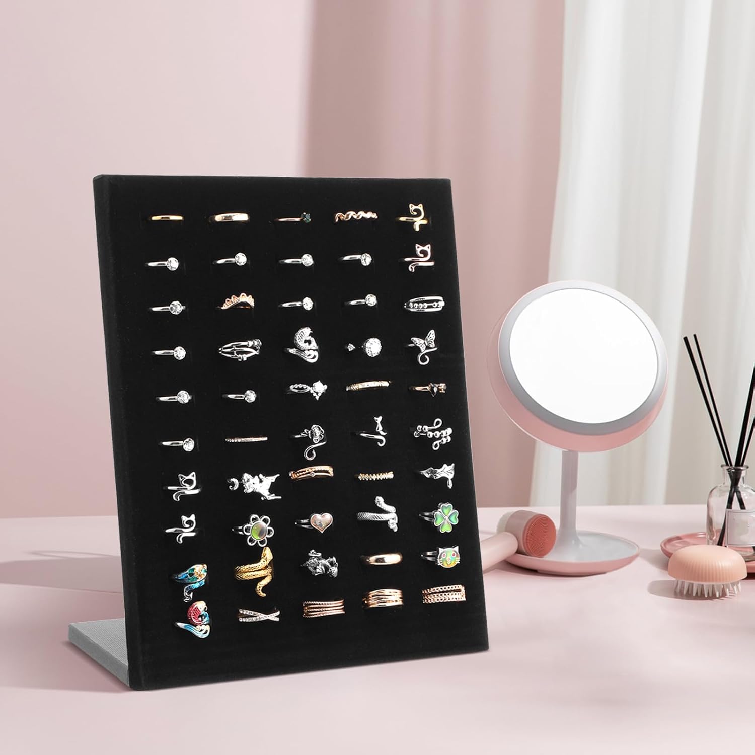 4 Pcs Black Velvet Ring Display Stand, 50 Slots L-Shaped Jewelry Organizer Tray for Selling Earrings Rings Retail Home Counter
