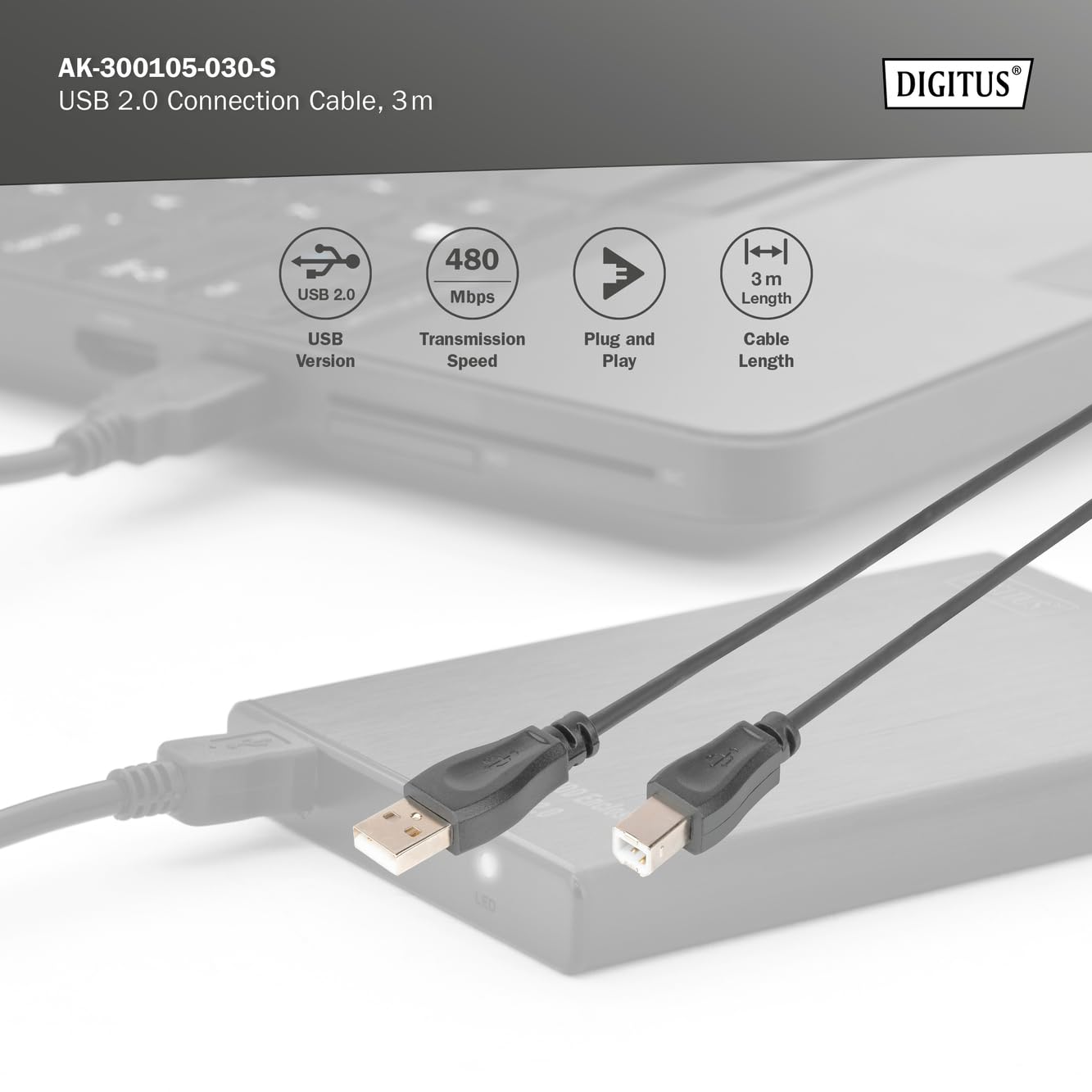 DIGITUS USB Cable 2 - 3.3ft - USB A To Type B - 480Mbps - Connection Cable For Computers, Laptops, Hubs, Printers - Black - View #5
