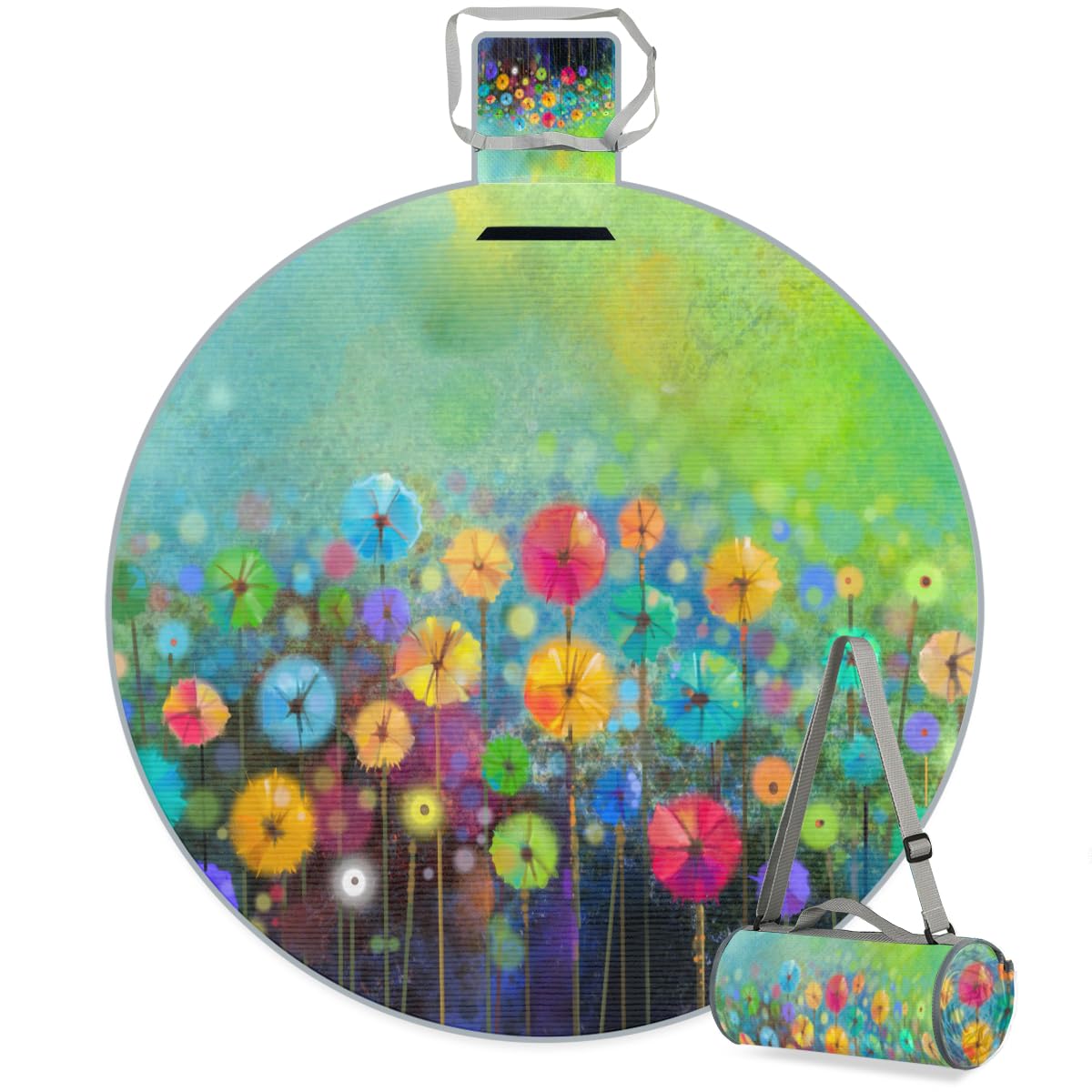 Shimoshe Watercolor Flower Poppy Picnic Outdoor Blanket Foldable Waterproof Sandproof Beach Blanket Portable Water-Resistant Round Picnic Mat for Travel Camping Park Lawn