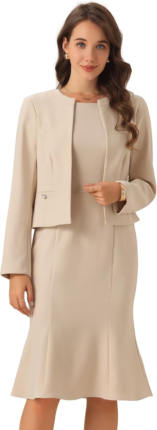 Allegra K 2 Piece Suit Dress Set for Women's Business Sleeveless Dress and Crop Blazer