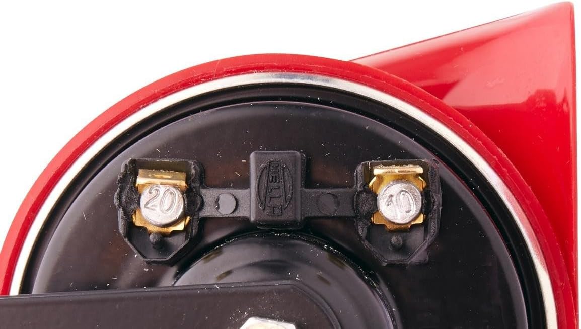HELLA 3FG 007 424-011 Trumpet Horn - TE16-12V - 110dB(A) - Frequency Range: 500Hz - High Tone - Electric - Housing Colour: Red/Black - Flat Plug-in Connector