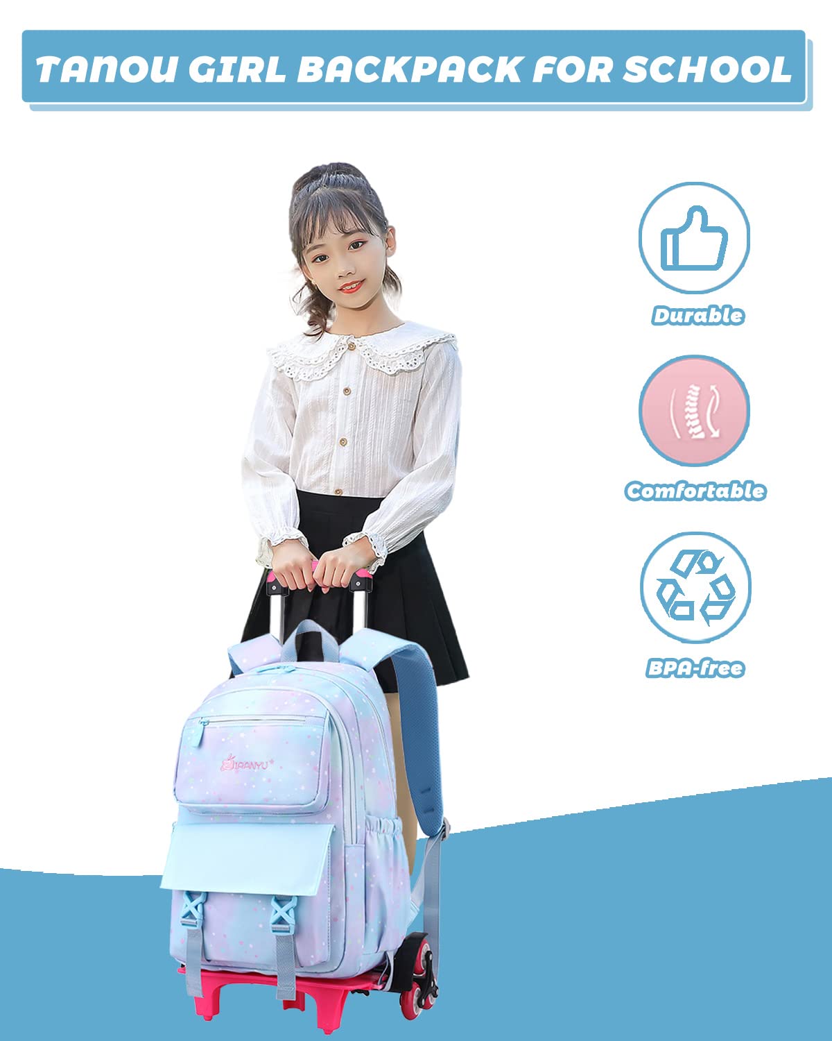 Tanou Mochila con Ruedas Niña, Ligero Mochilas Escolares Infantil con Ruedas, Mochila con Carro para Escolar Viajes, 16 Pulgadas, Estrella Azul