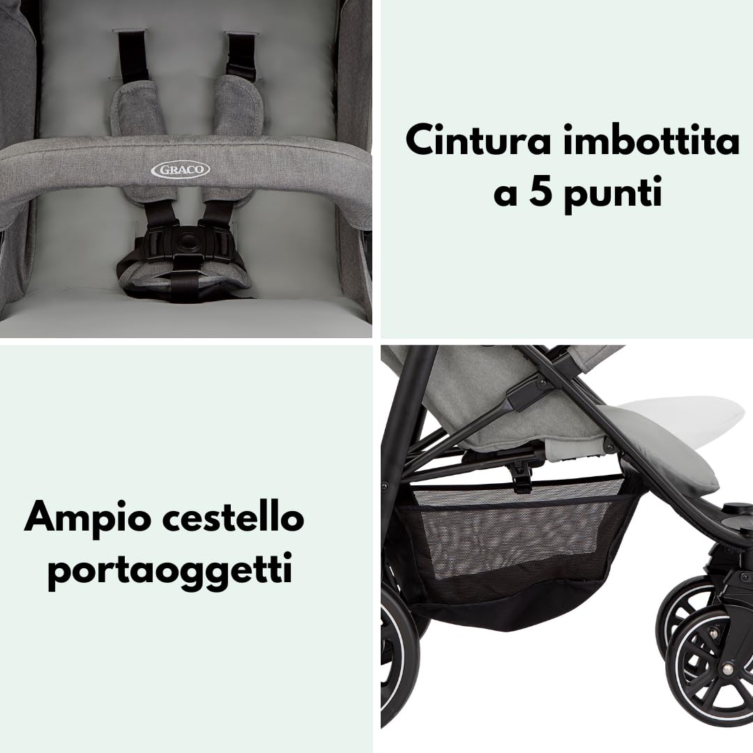 Graco Passeggino Leggero EezeFold DLX, Passeggino da Viaggio con Chiusura a Una Mano, Sospensioni a 4 Ruote, Reclinabile, Cestello Ampio – Grigio Lunare