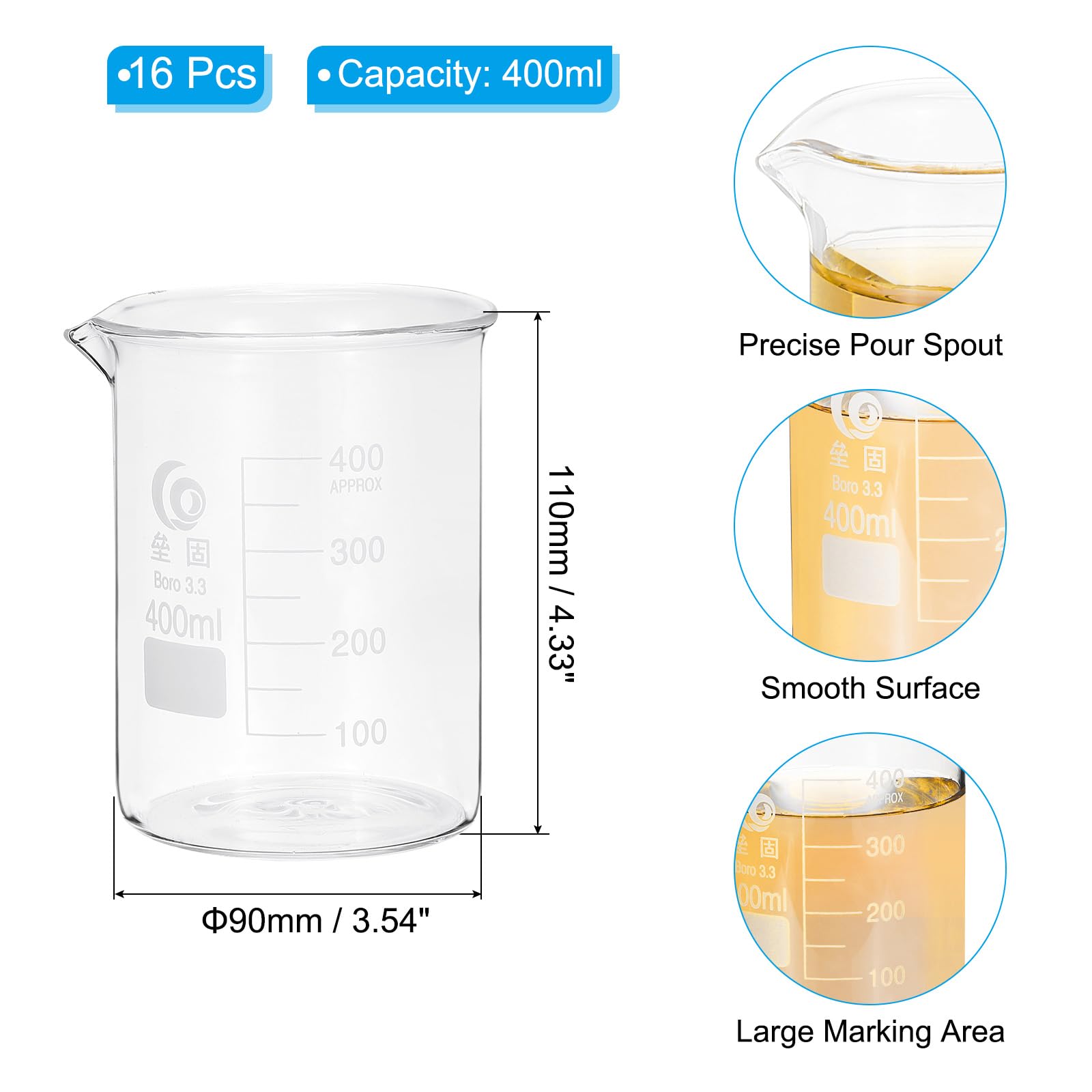 PATIKIL 400ml Low Form Measuring Cup, 16 Pcs 3.3 Borosilicate Glass Beaker Graduated Measuring Pitcher with Spout for Lab Experiment, Cooking and Baking, Clear