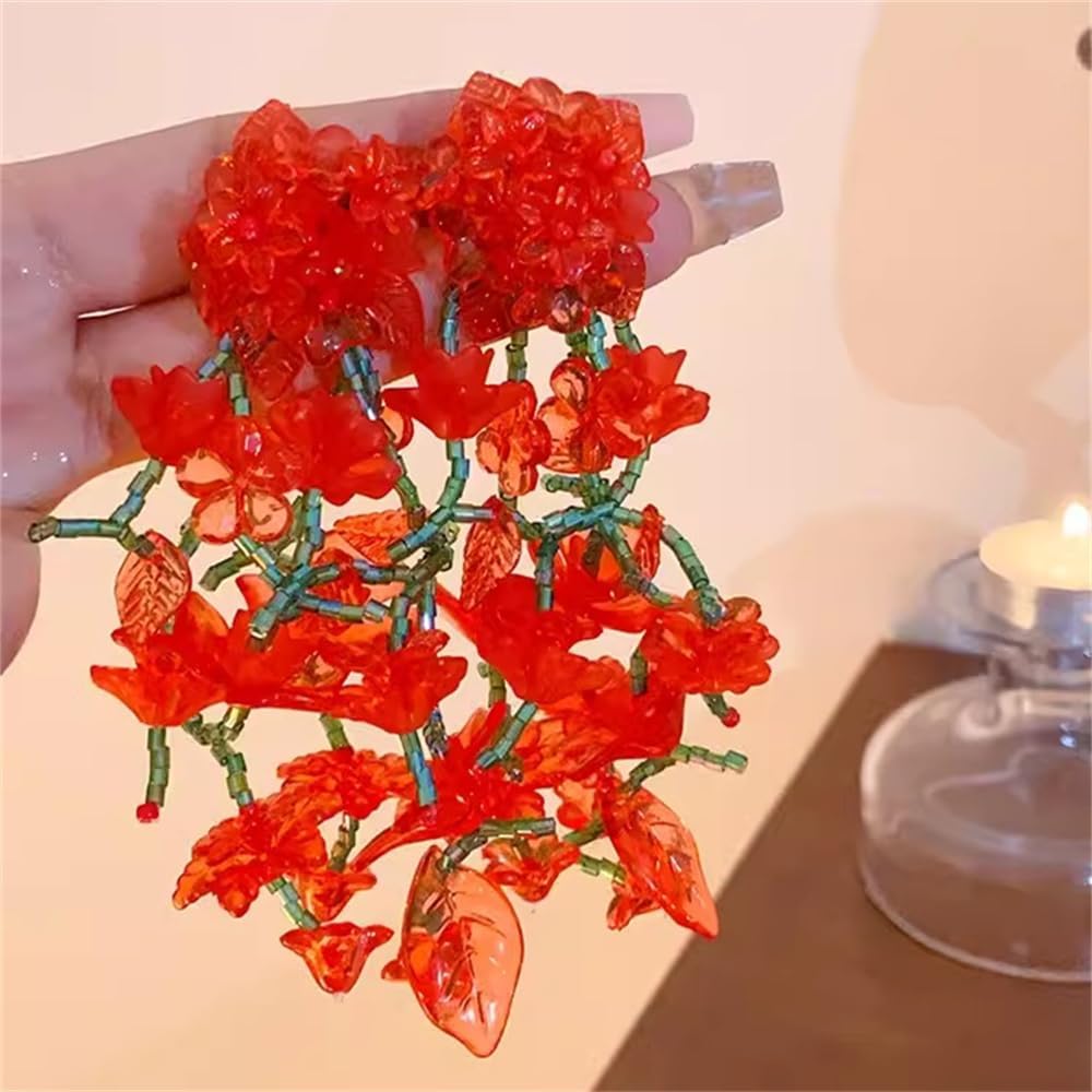 Long Acrylic Red Green Flowers Dangle Earrings for Women 925 Sterling Silver Post Resin Tassel Flower Petal Leaf Cluster Exaggerated Statement Drop Stud Retro Party Prom Y2K Christmas Jewelry Gifts - Image 5