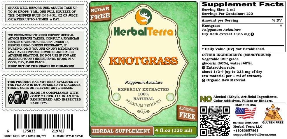 Knotgrass (Polygonum aviculare) Glycerite, Dried Herb Alcohol-Free Liquid Extract (Brand Name: HerbalTerra, Proudly Made in USA) 4x4 fl.oz (4x120 ml)