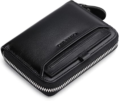 Mens Genuine Leather Zipper Wallet RFID Secure Large Capacity Multi-card Leather Wallets for Men and Extract card Vegetable tanned leather black