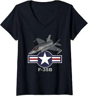 Womens United States Military F-35B Fighter with Vintage Roundel V-Neck T-Shirt