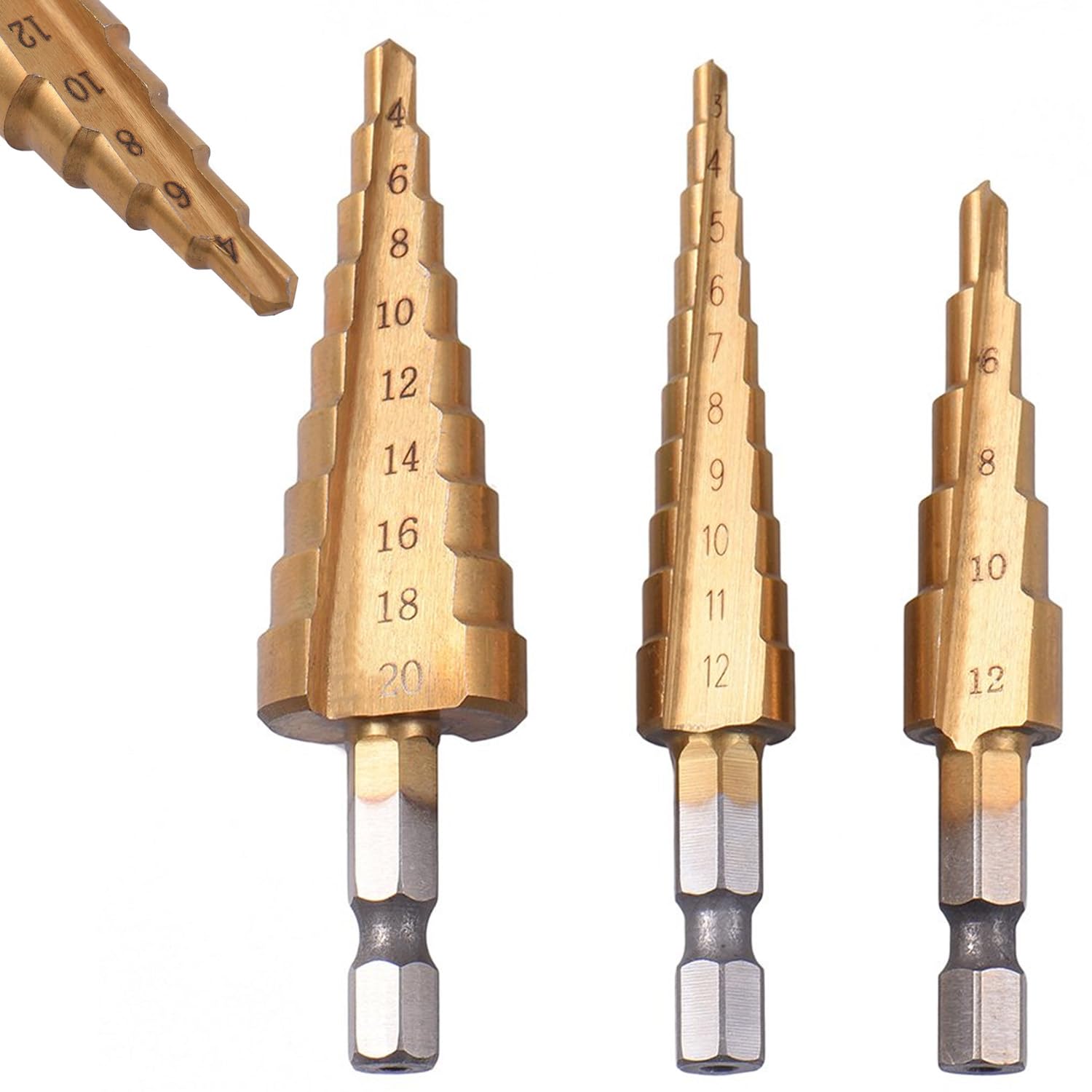 Hex Shank Quick Change Power Tools Kit 1/4" Step Drill Bit Set HSS Titanium Coated Spiral Grooved Drill Bits 3-12mm/4-12mm/ 4-20mm for Sheet Metal Hole Drilling, Home-Made Woodworking, Plastic