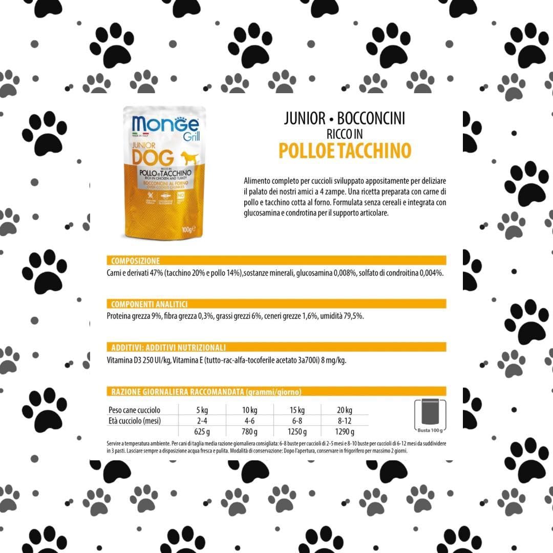 Monge grill Cane puppy, alimento completo per cani cuccioli, bocconi al forno gusto POLLO e TACCHINO 100gr | Promo 10 bustine da 100gr + 2 OMAGGIO.