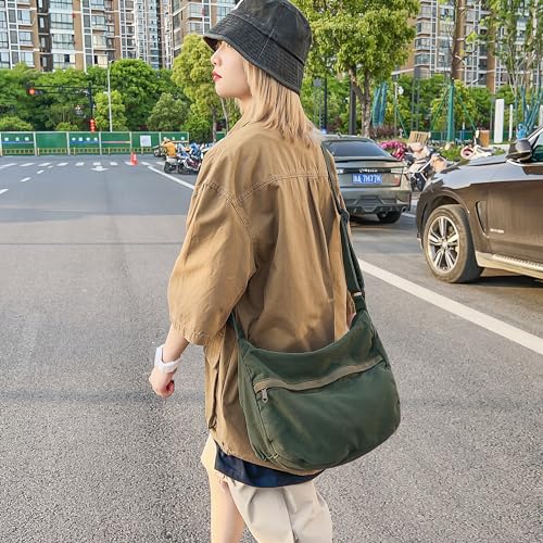 Image of Canvas Messenger Bag Large Hobo Crossbody Bag with Zipper Casual Shoulder Tote Handbag for Women and Men