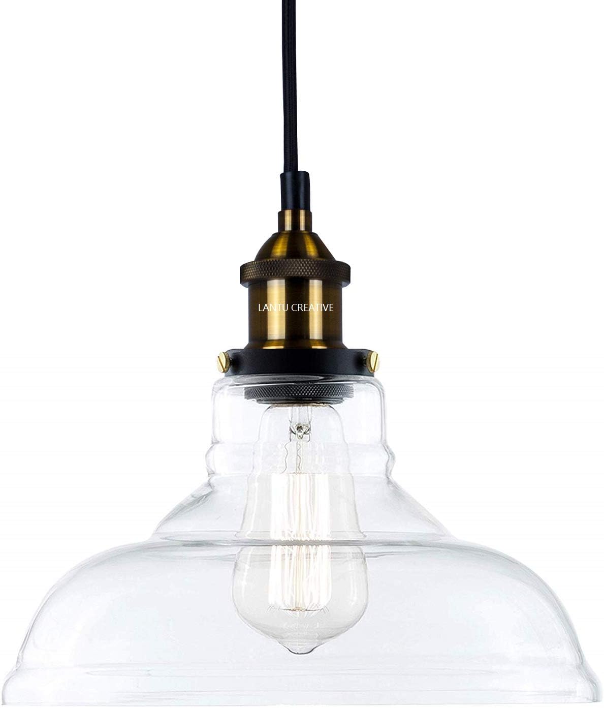 LANTU CREATIVE Glass Pendant Light Vintage Glass Shade Industrial Metal E27 lamp Base Finish Clear Loft Ceiling Light Fitting for Loft Coffee Shop Bar Home Office Bedroom Kitchen Dining Room 28cm