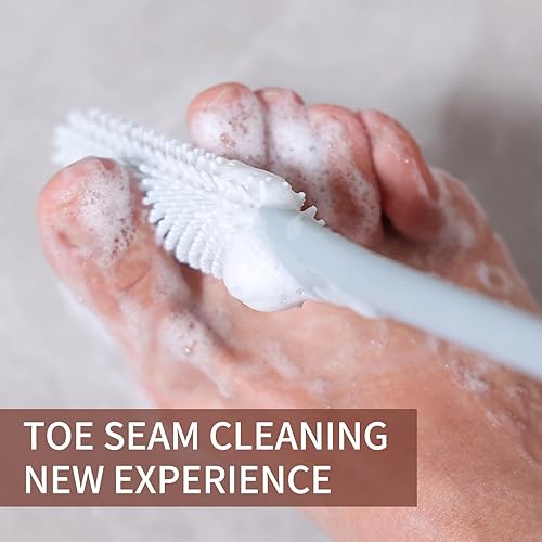 Miniatura 2 de Limpiador de dedos de silicona de mango largo, cepillo de goma suave, exfoliante para pies para ducha, personas mayores, hombres y mujeres (gris)