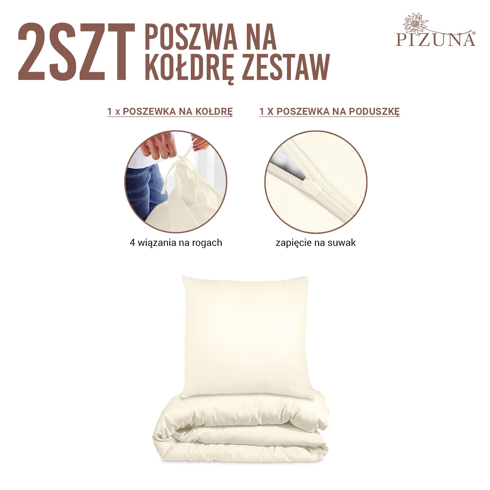 Pizuna 100% Bawełna Poszewka na Kołdrę 140x200 cm kość słoniowa 400-nitkowa