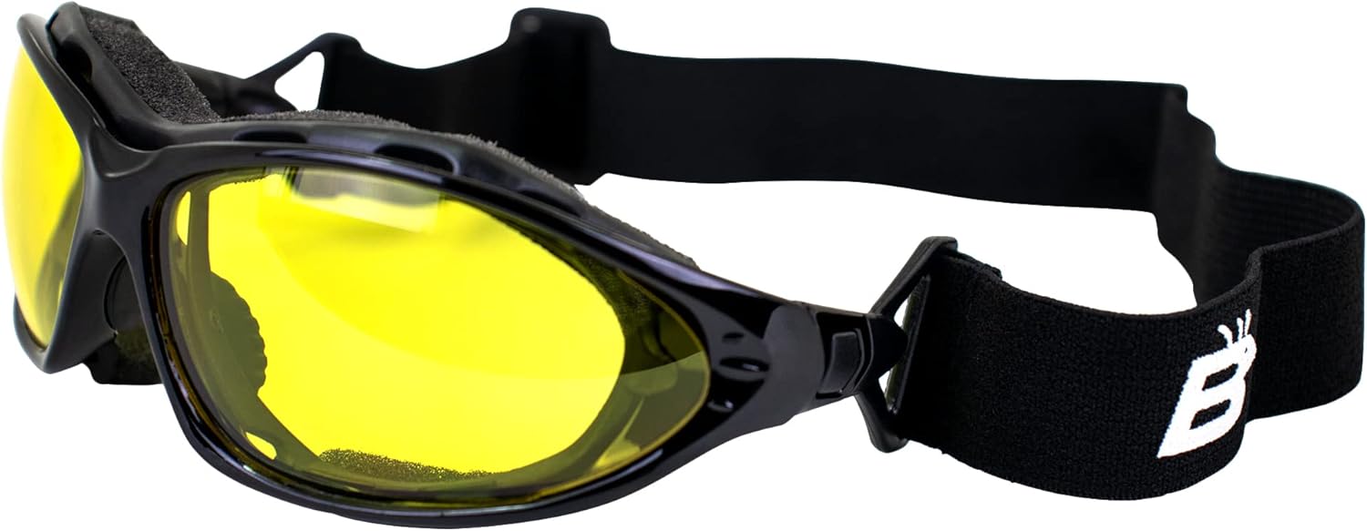 Birdz Eyewear Thrasher Padded Motorcycle Glasses for Men & Women Black Frame Yellow Lenses Convertible to Goggles