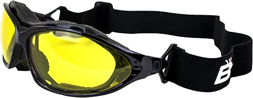 Birdz Gafas de sol Thrasher acolchadas para motocicleta para hombres y mujeres, marco negro con lentes amarillas convertibles para gafas