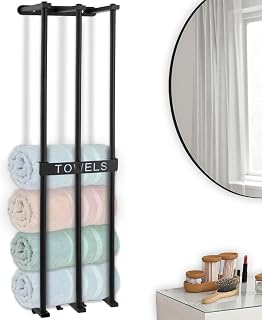 NEWPIC Wall Towel Rack for Rolled Towels, Vertical 3-Bar Adhesive Towel Racks for Bathroom with 3 Hooks, Rolled Towel Rack Wall Mounted, Metal Towel Storage for Small Bathroom, Black