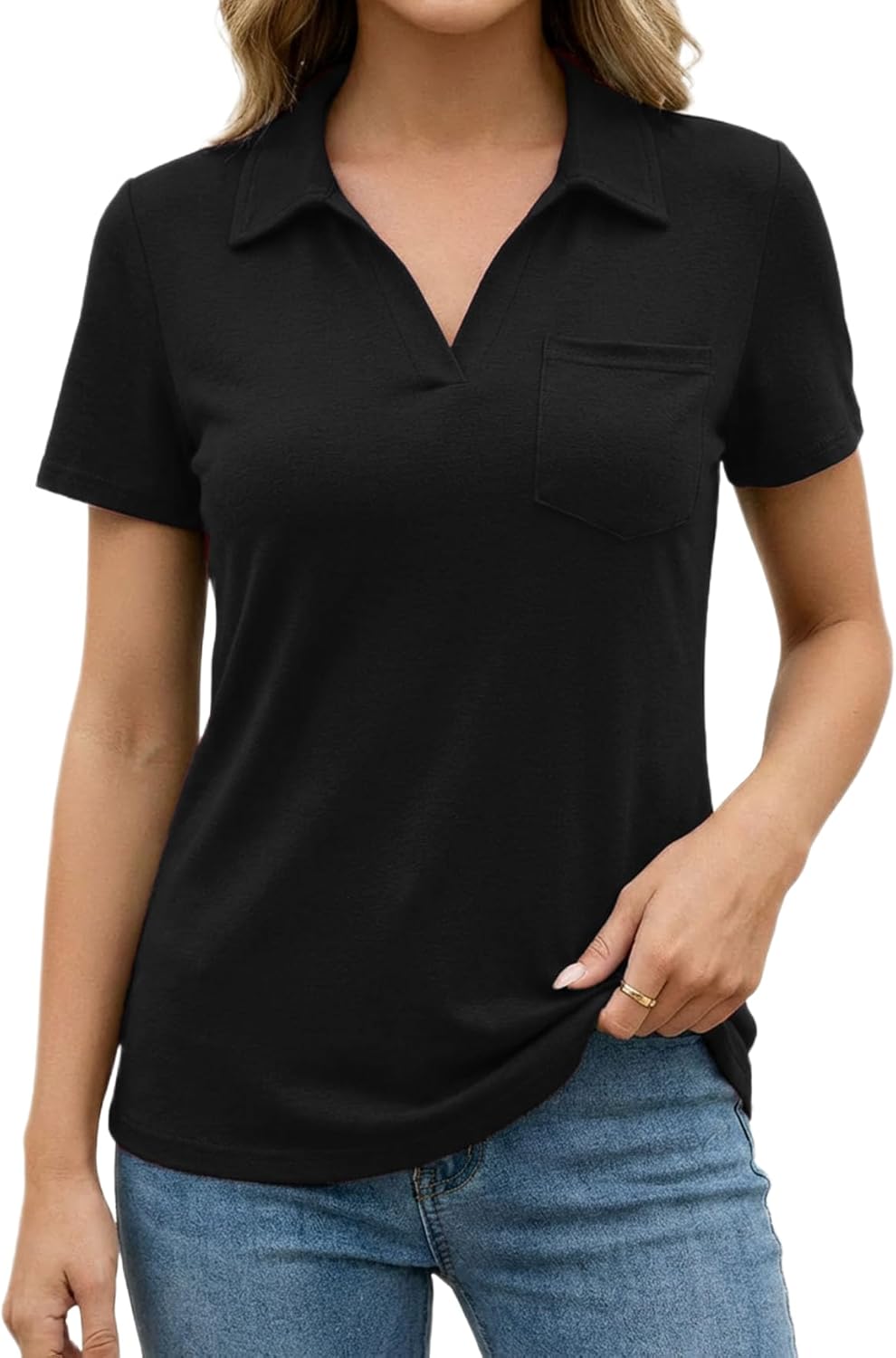 Decrum Pocket Polo Shirts for Women - Casual Buttonless Collared Womens Polos Short Sleeve