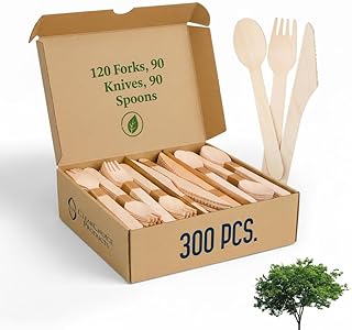 Compostable Cutlery Set - 300 PCS Wooden Utensils [120 Forks, 90 Spoons, 90 Knives] - Eco-Friendly Wooden Disposable Utensils - Compostable Forks and Spoons - Disposable Cutlery Set Party Utensils
